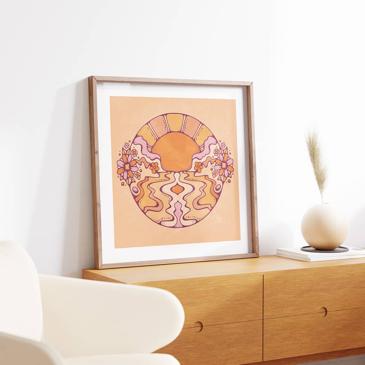 Boho style Byron Bay water landscape art set against a rising sun and floral bursts.