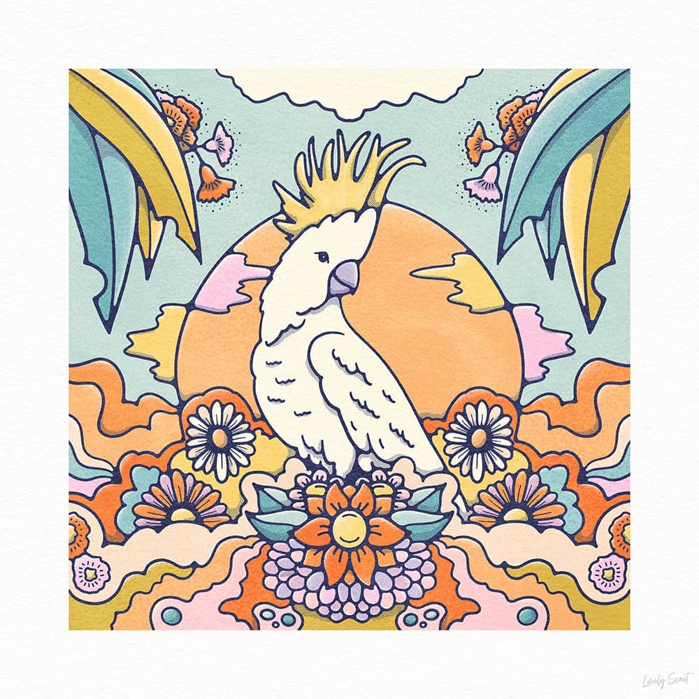 Cheeky white and yellow cockatoo on a bed of flowers against the sun