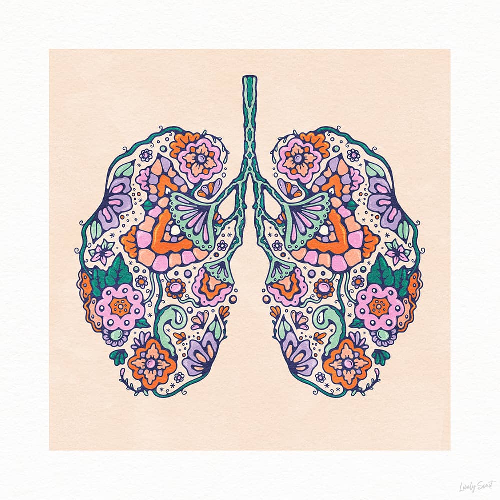 contemporary illustration of a pair of lungs made from pink & red flowers and green leaves