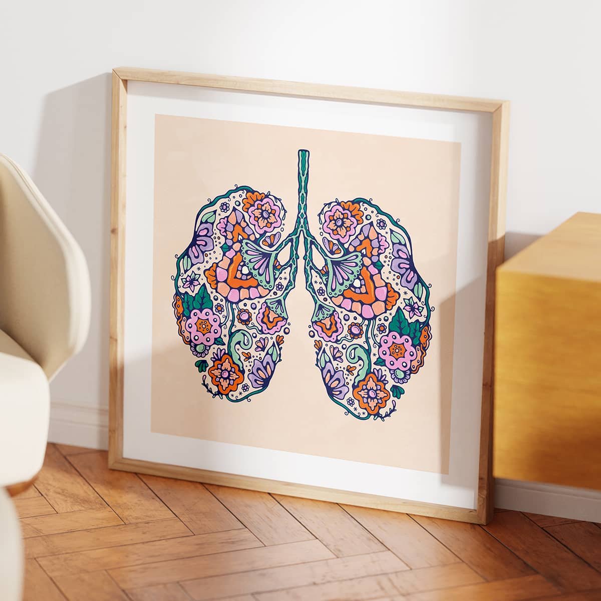 Intricate floral lungs drawing in retro illustration style