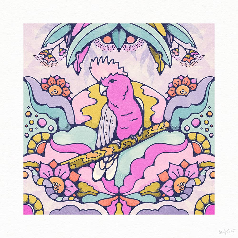Gaga pink galah bird illustration sitting above an abstract landscape
