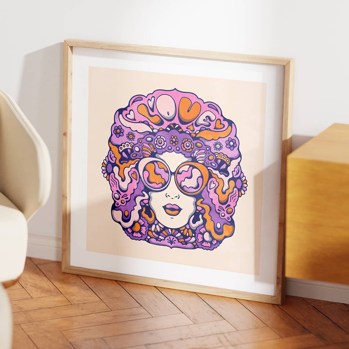 Graphic art 70s style poster of a female portrait, in a light wooden frame