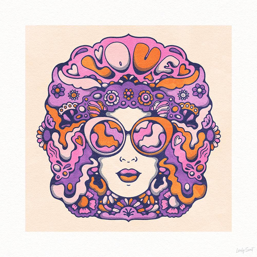 retro hippie woman poster art in groovy sunglasses