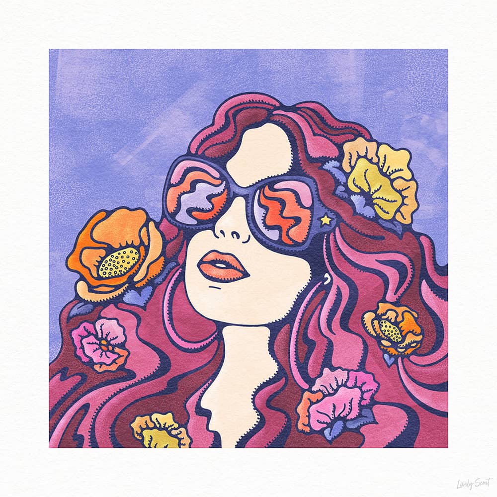 Summer days artwork of a modern hippie with flowers in her hair