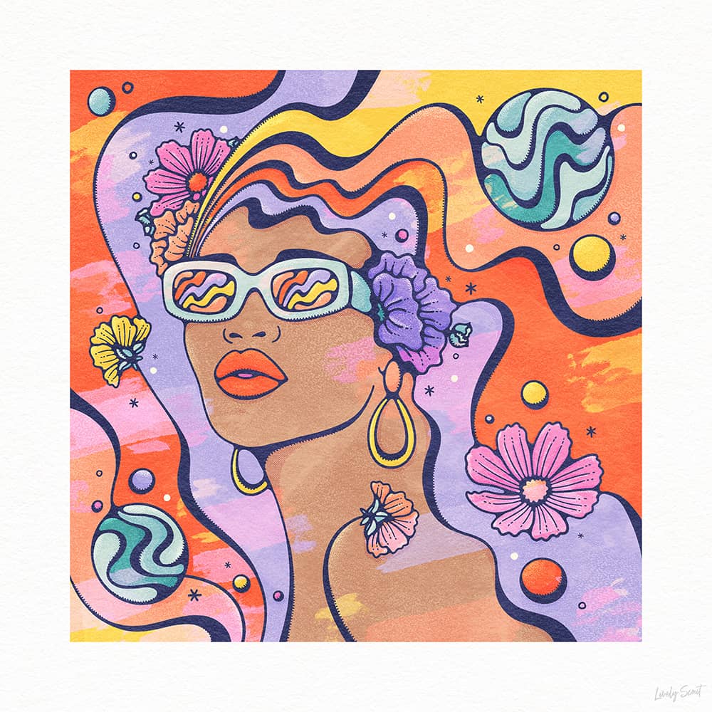 sun dreamer pop art woman floating in abstract shapes and psychedelia