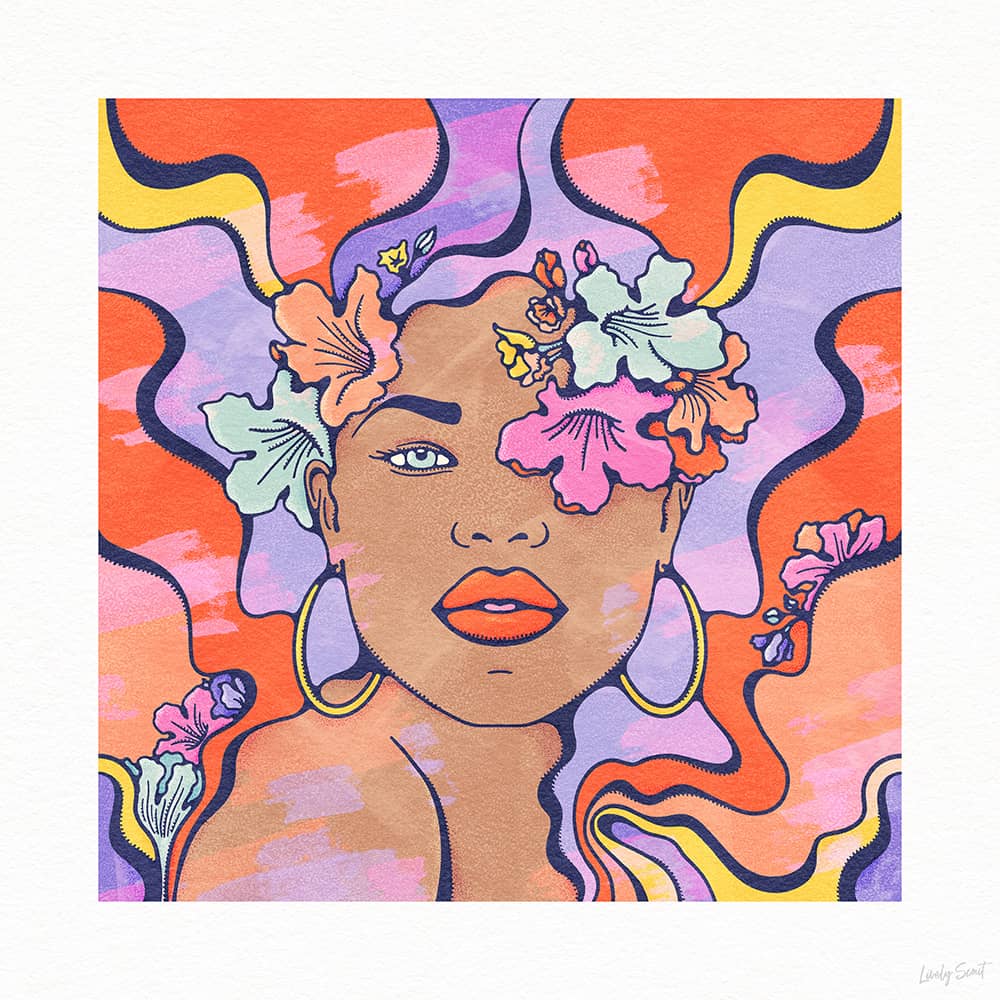 Modern psychedelic wall art of a pretty woman masked by flowers